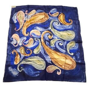 Bayron Silk Screened Scarf Blue Abstract Paisley Hand Rolled Hem Vintage Italy